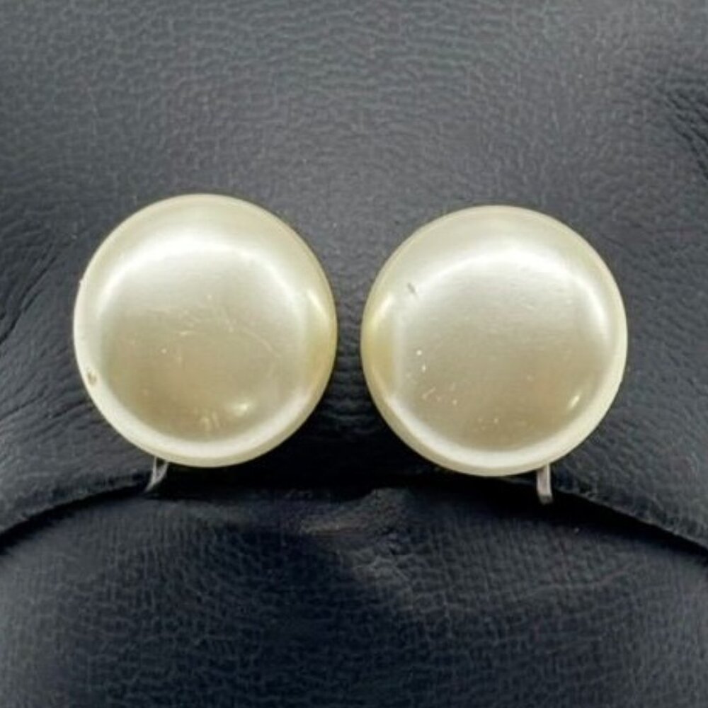 Vintage Cream Faux Button Pearl Adjustable Screw-Back Earrings w/Sterling Silver